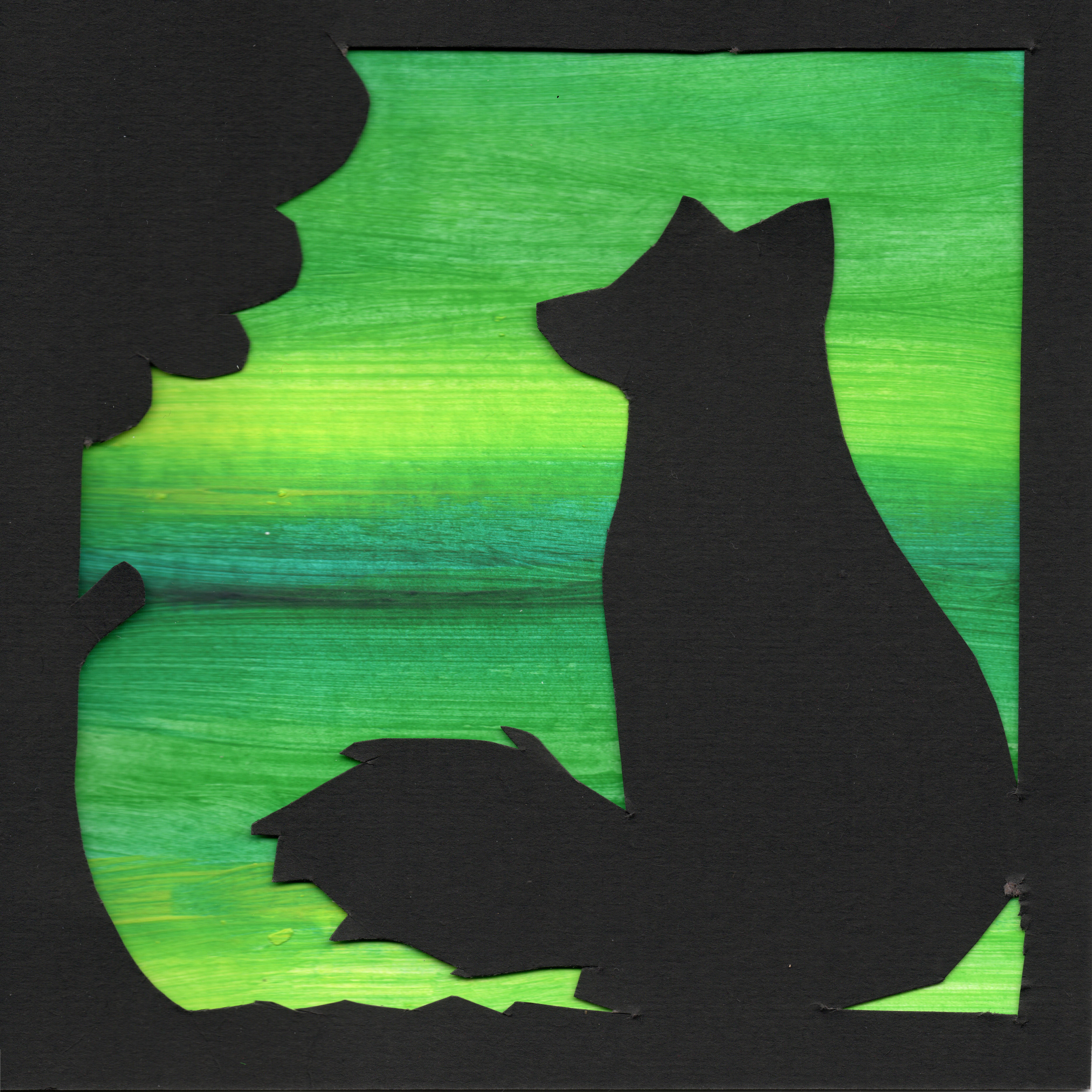 Beispielwerk für Mal- und Papierschnittkurs für Kinder zum Thema Tiere im Wald.